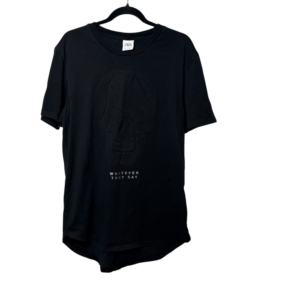Zara Mens Black Embossed Skull Graphic T-Shirt Whatever They Say Size L